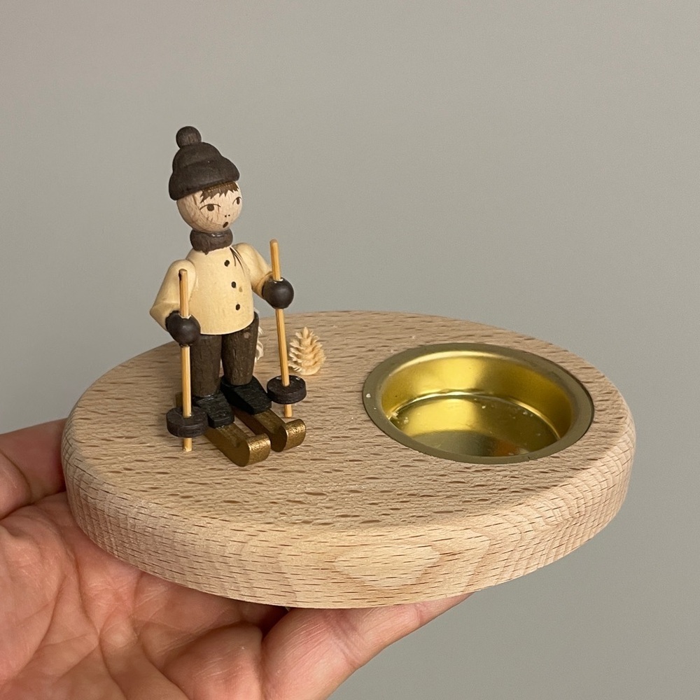 Erzgebirge Made in Germany Miniature Skiier Wooden Folk Art Miniature Tea Light